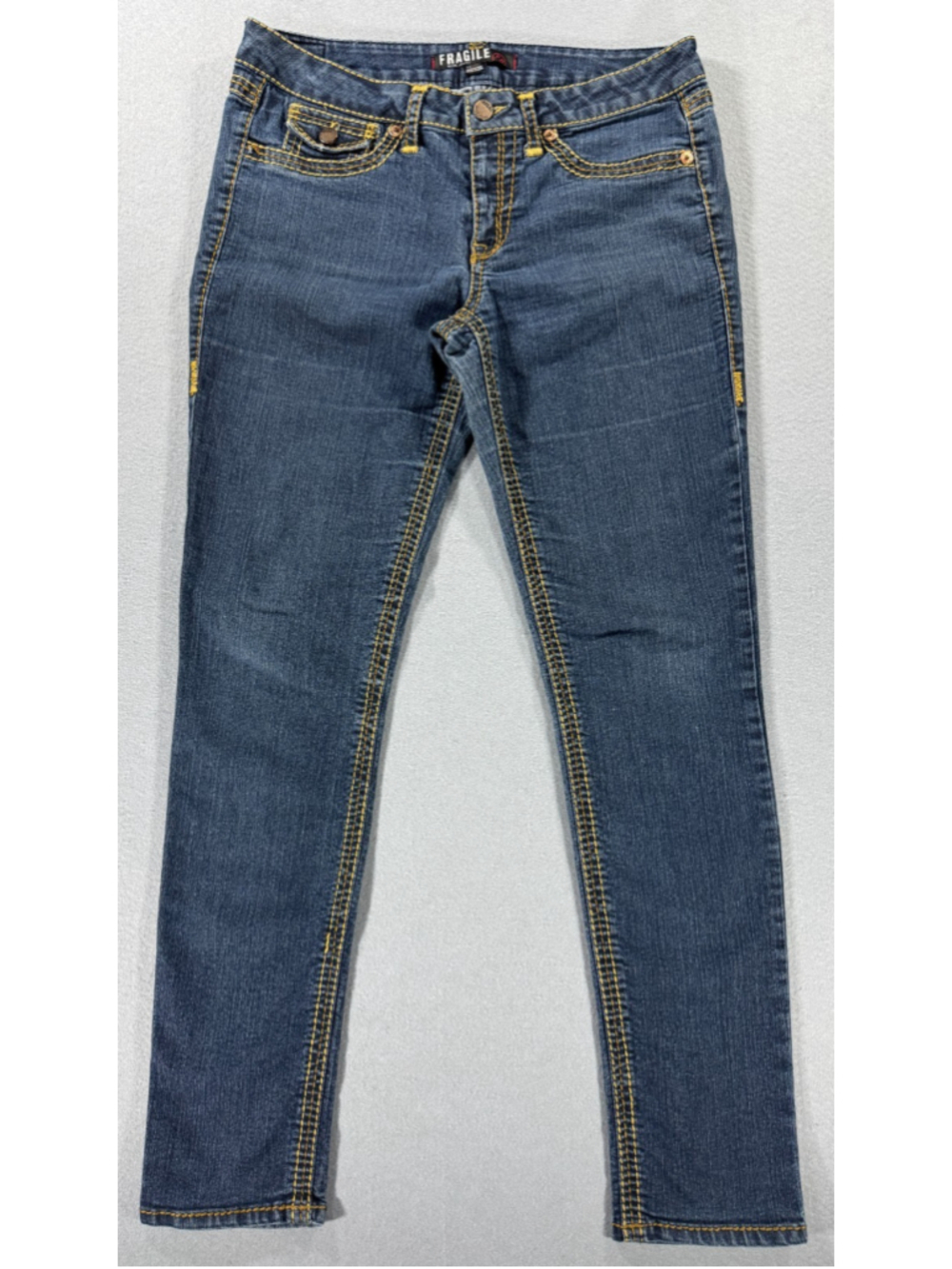 Fragile Blue Jeans Size 11 Medium Wash Thick Yellow Stitching Flap Pockets
